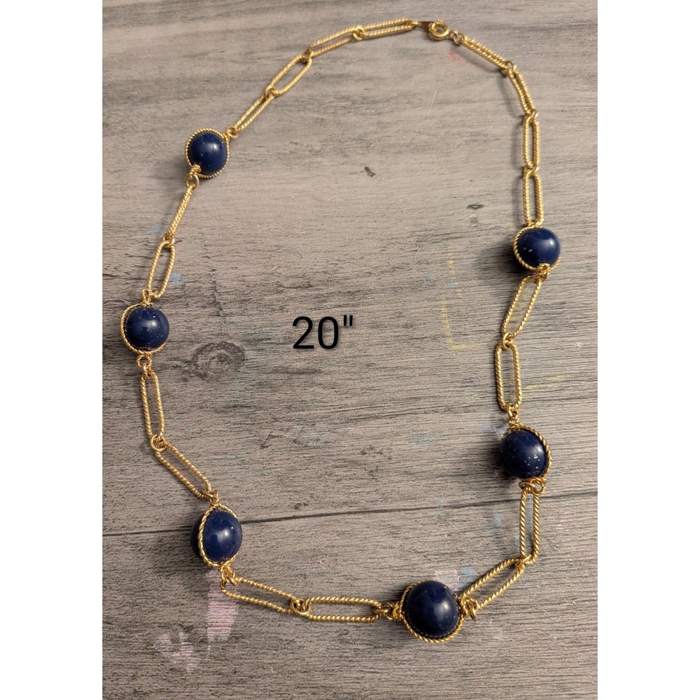 Vintage Navy Blue Gold Tone Station Necklace 20 Inch Twisted Rope Link Chain